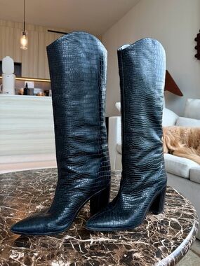 SCHUTZ Black Croc Knee-High Boots
